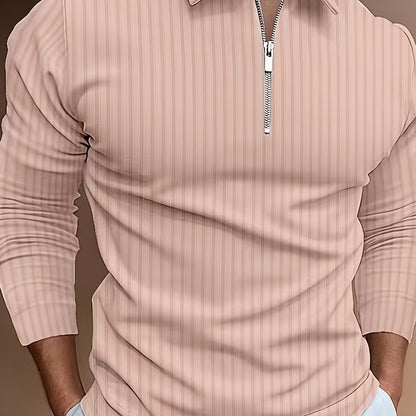 Men's Casual Sports Ribbed Long Sleeve Zipper Lapel Golf Shirt, Spring And Fall