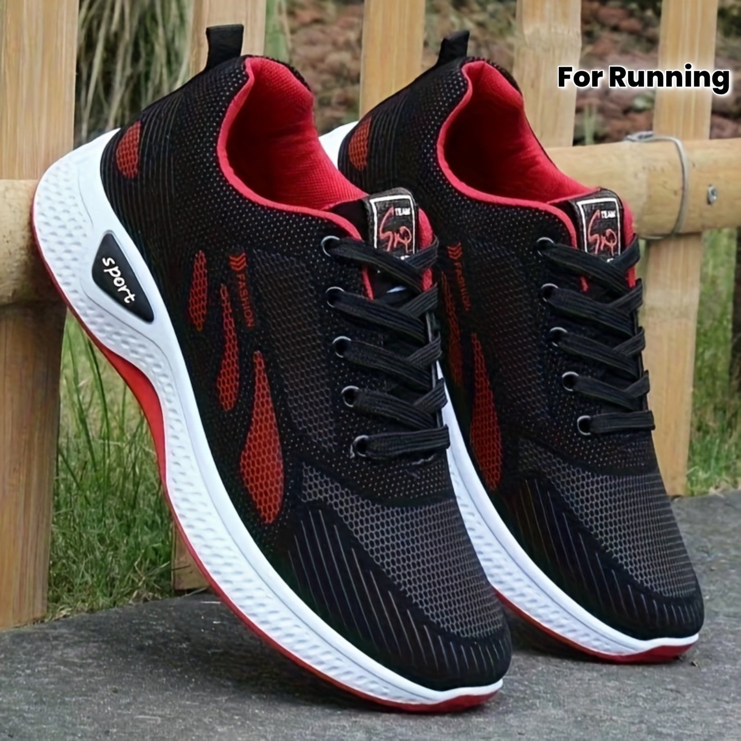 A Pair of Men's Casual Lace-up Sneakers - Suitable for All Seasons, Color-block Design in Black and Red, Low-top Running Shoes | Casual Slip-ons | Non-slip Sole Shoes - ayq