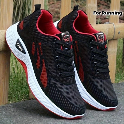 A Pair of Men's Casual Lace-up Sneakers - Suitable for All Seasons, Color-block Design in Black and Red, Low-top Running Shoes | Casual Slip-ons | Non-slip Sole Shoes - ayq