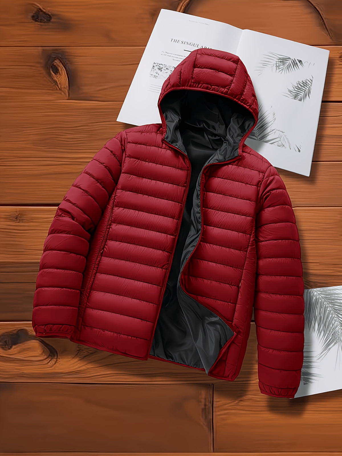 Men's Quilted Hooded Jacket with Ribbed Cuffs for Winter