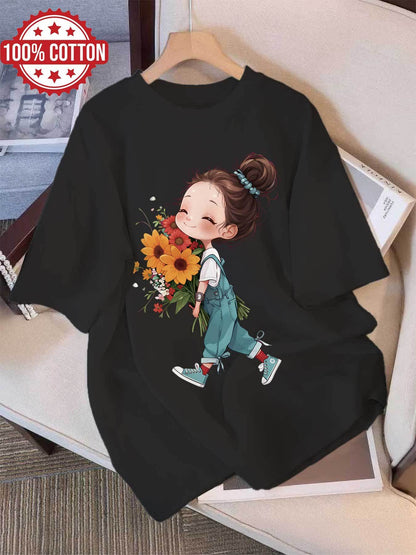Women's Casual Cotton Graphic Print T-Shirt, Crew Neck