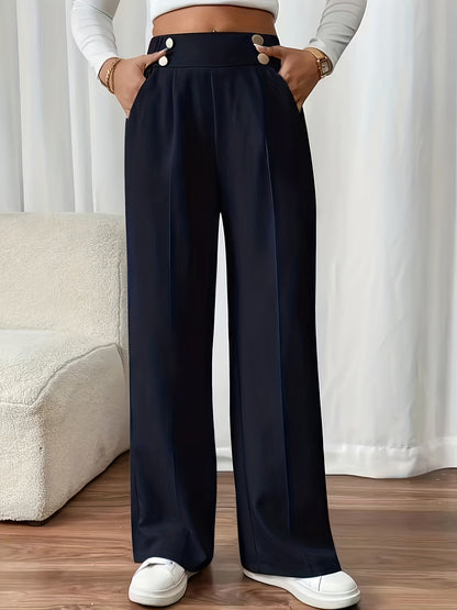 Women's Elegant Button-Waist Straight Leg Polyester Trousers