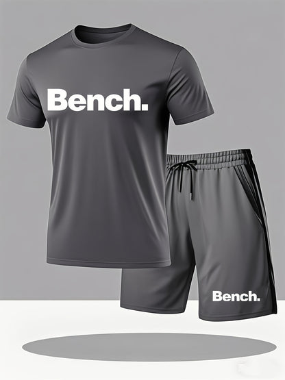 Summer Men'S Casual Sports Short Sleeve T-Shirt and Shorts Set, Knitted Polyester Fabric, Comfortable Breathable, Bench. Letter Print Design - 2pcs