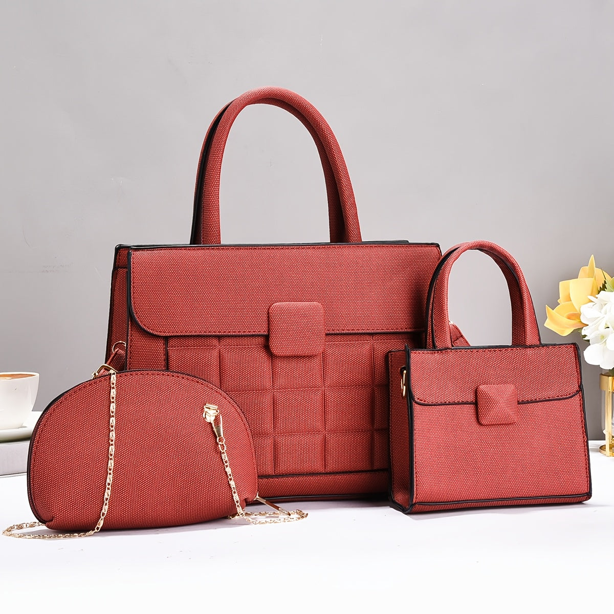 Set of 3 Stylish Large-Capacity PU Tote Bags with Adjustable Strap