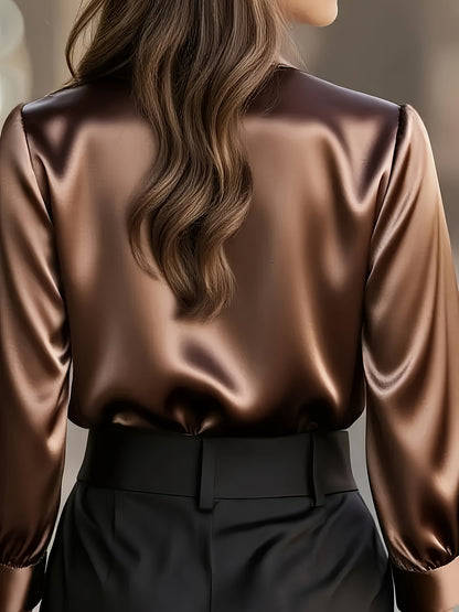 Women's Elegant All-Season Glossy  Shirt Jacket - Collar -Front Closure, Solid Brown (Copper/Black) - Tailored Blazer for, Office & Formal Events - Machine Washable Non-Stretch Professional Outerwear