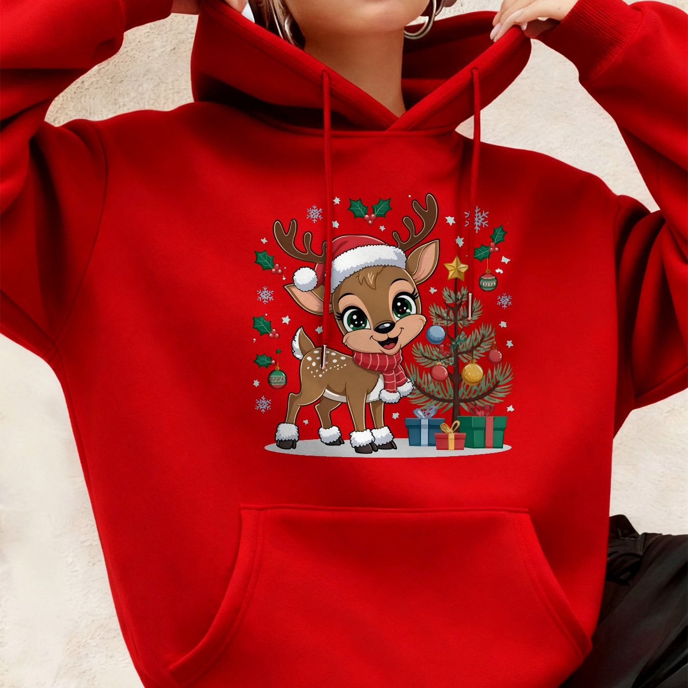 Women'S Christmas Hoodie - Thick Fleece-Lined Winter Sweatshirt with Deer & Snowflakes, Plaid Santa Hat Design, Cozy Casual Pullover for Holiday Party Outfits