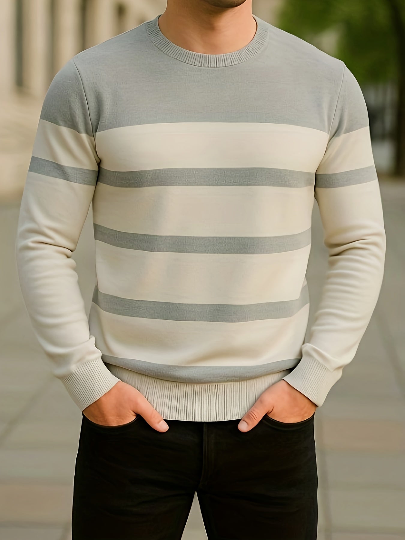 Men'S All-Season Knit Sweater - Soft Stretchy Pullover with Black & Grey Horizontal Stripes, Anti-Pilling Fabric for Everyday & Formal Wear - Year-Round Layering Essential for Office, Casual Outfits, Sweater, Office Attire, C