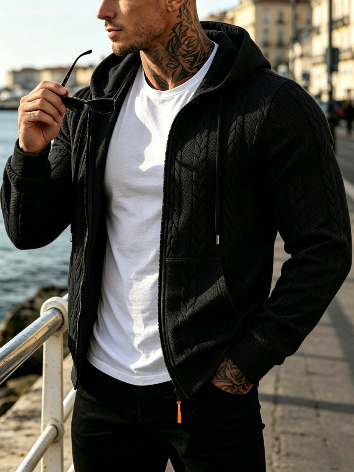 Men's Cable Knit Hooded Jacket Casual Fall Winter Outerwear