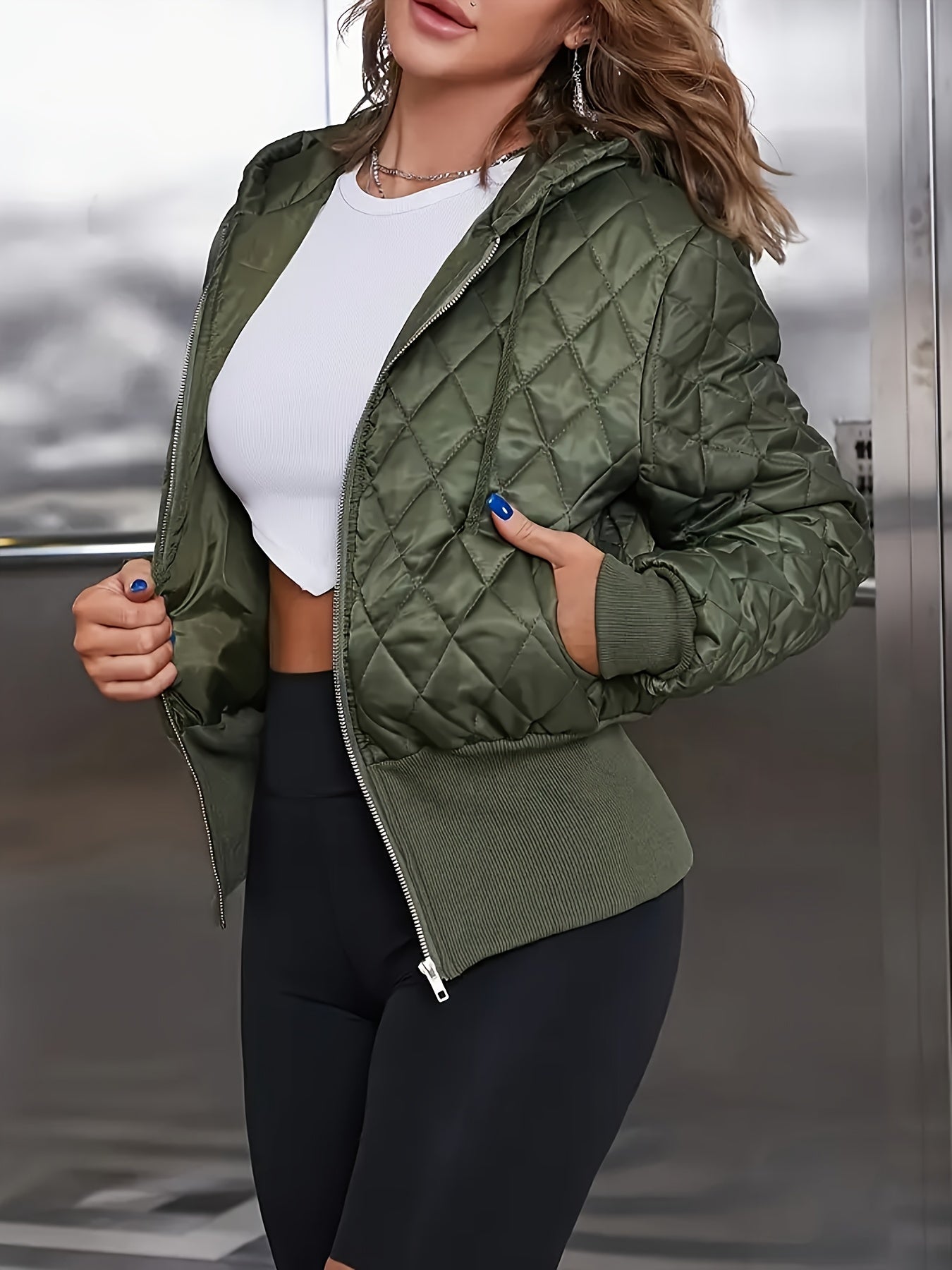 Women's Thick Zip-Up Hooded Jacket - Olive Green Full-Zip Front Closure, Non-Stretchy Structured Fit Coat for Casual, Formal, - Machine Washable Outerwear, Casual Wear, Classic Design, Highquality Material, Office Attire