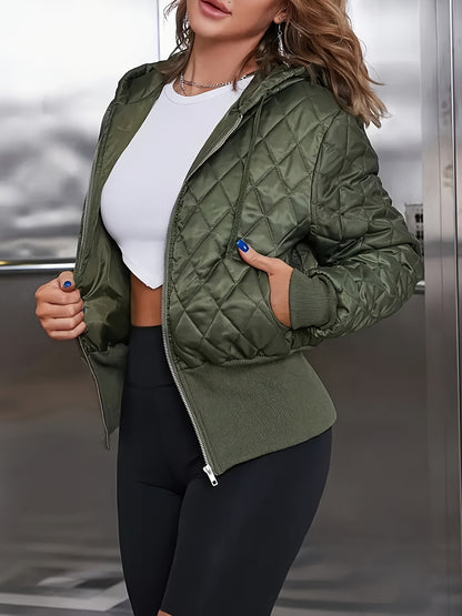 Women's Thick Zip-Up Hooded Jacket - Olive Green Full-Zip Front Closure, Non-Stretchy Structured Fit Coat for Casual, Formal, - Machine Washable Outerwear, Casual Wear, Classic Design, Highquality Material, Office Attire