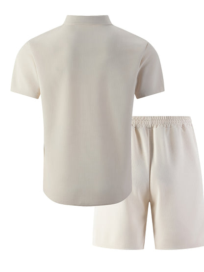 Men's 3-Piece Casual Waffle Knit Summer Set with Shirt & Shorts