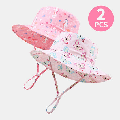 Girls' Floral Wide Brim Bucket Hats with Windproof Cord - 2pcs