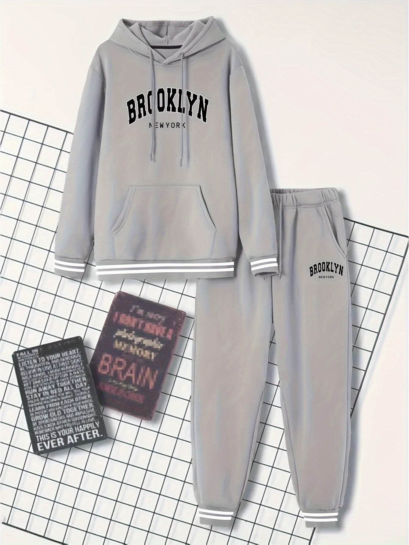 2pcs Men's Trendy BROOKLYN Letter Print Hooded Outfit, Hoodie & Pants Set, Men's Clothes For Spring Fall Winter, As Gift