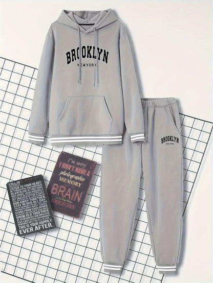 2pcs Men's Trendy BROOKLYN Letter Print Hooded Outfit, Hoodie & Pants Set, Men's Clothes For Spring Fall Winter, As Gift