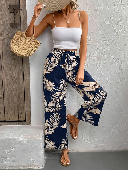 Wide-Leg Floral Casual Pants with Drawstring Waist