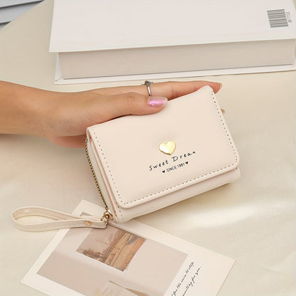 New Women'S Short Wallet, Cute Korean-Style Heart-Shaped, Large Capacity with Multiple Card Slots, Trendy Tri-Fold Design.