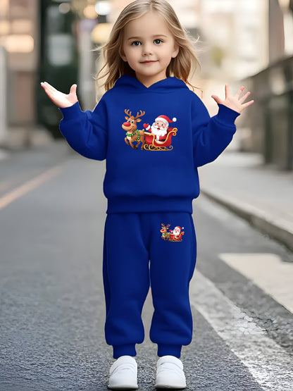 2pcs Girls & Boys Winter Warm Pink Hoodie & Pants Set - Bright Pink Christmas & New Year Outfit with Santa Reindeer Snowman Print, Elastic Waist Matching Sweatsuit for Kids 6-12 Years (Height 120-160cm), Boys & Girls Clothing