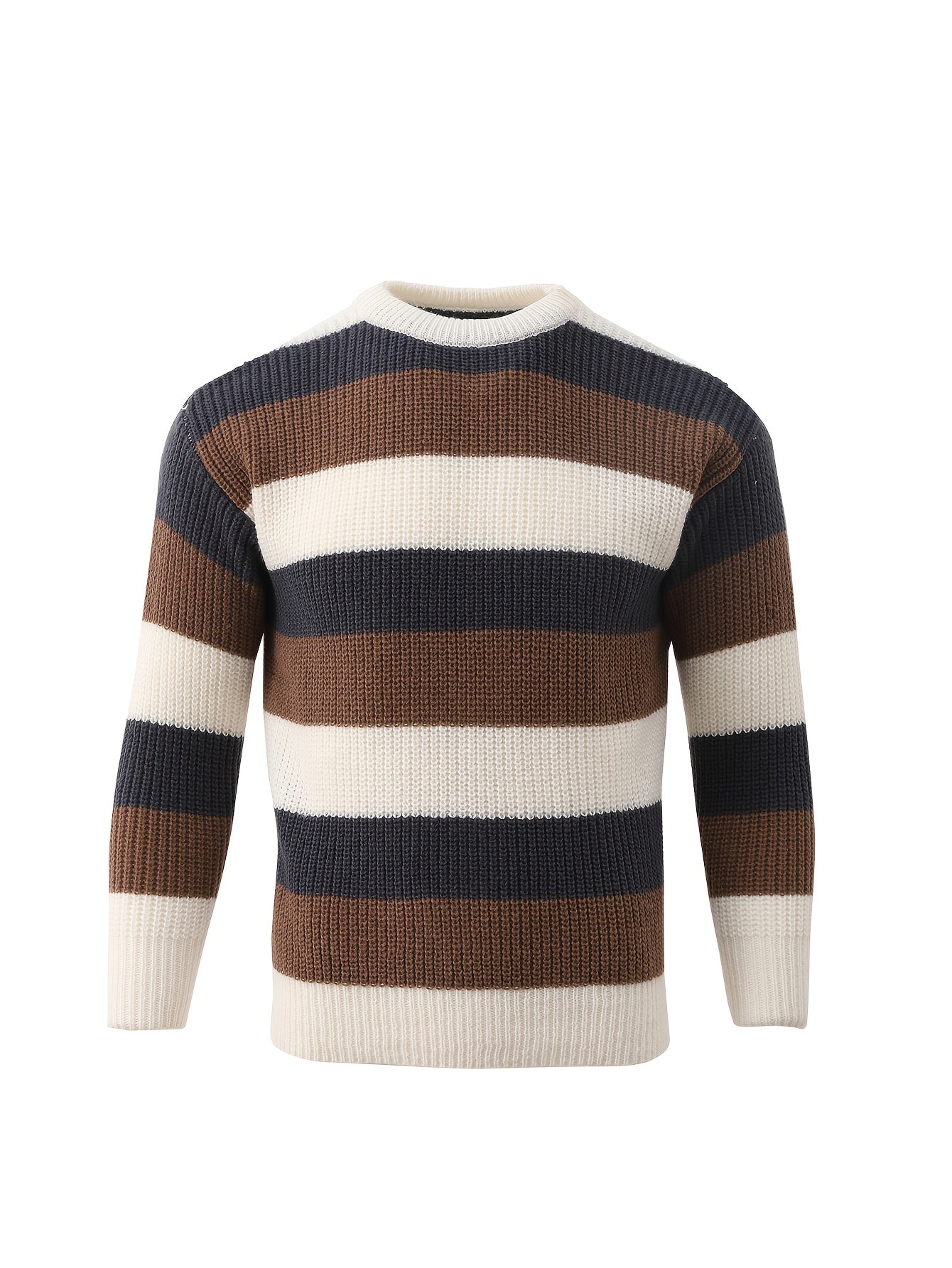 JNBLDA Շիկ գծավոր տրիկոտաժե սվիտեր, տղամարդու առօրյա տաք, ձգվող, կլոր վզնոցով սվիտեր աշնանային ձմռանը