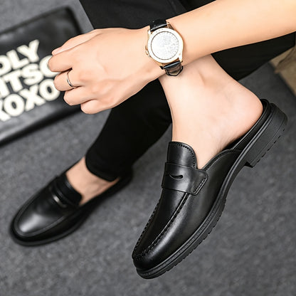 Men's Casual British-Style PU Slip-On Slippers with Round Toe