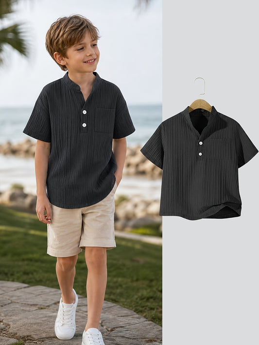 Boys' Casual Button-Up Short Sleeve Shirt with Cardigan Collar