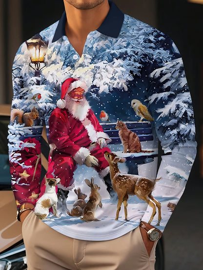 Men'S Long Sleeve Polo Shirt with 3D Santa Claus & Snowman Print - Festive Christmas Design, Button-Up Collar, Regular Fit, Perfect for All Adults & Teens, Casual Holiday Wear, Christmas Shirts, Z
