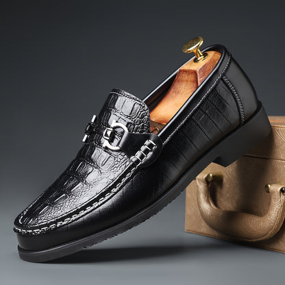 Men's Crocodile Embossed Slip-On Loafers with Metal Buckle