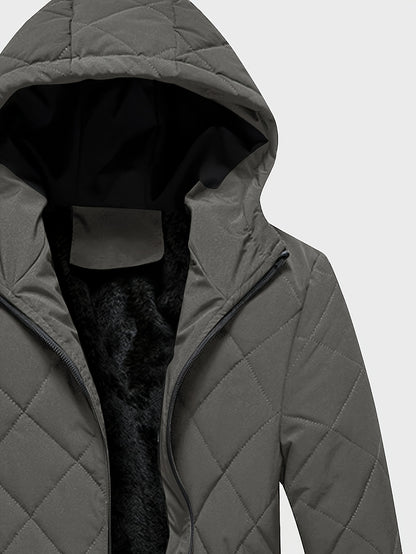 Men's Casual Fleece-Lined Hoodie Jacket - Warm, Windproof Zip-Up Coat with Quilted Design for Fall/Winter, Winter Coat