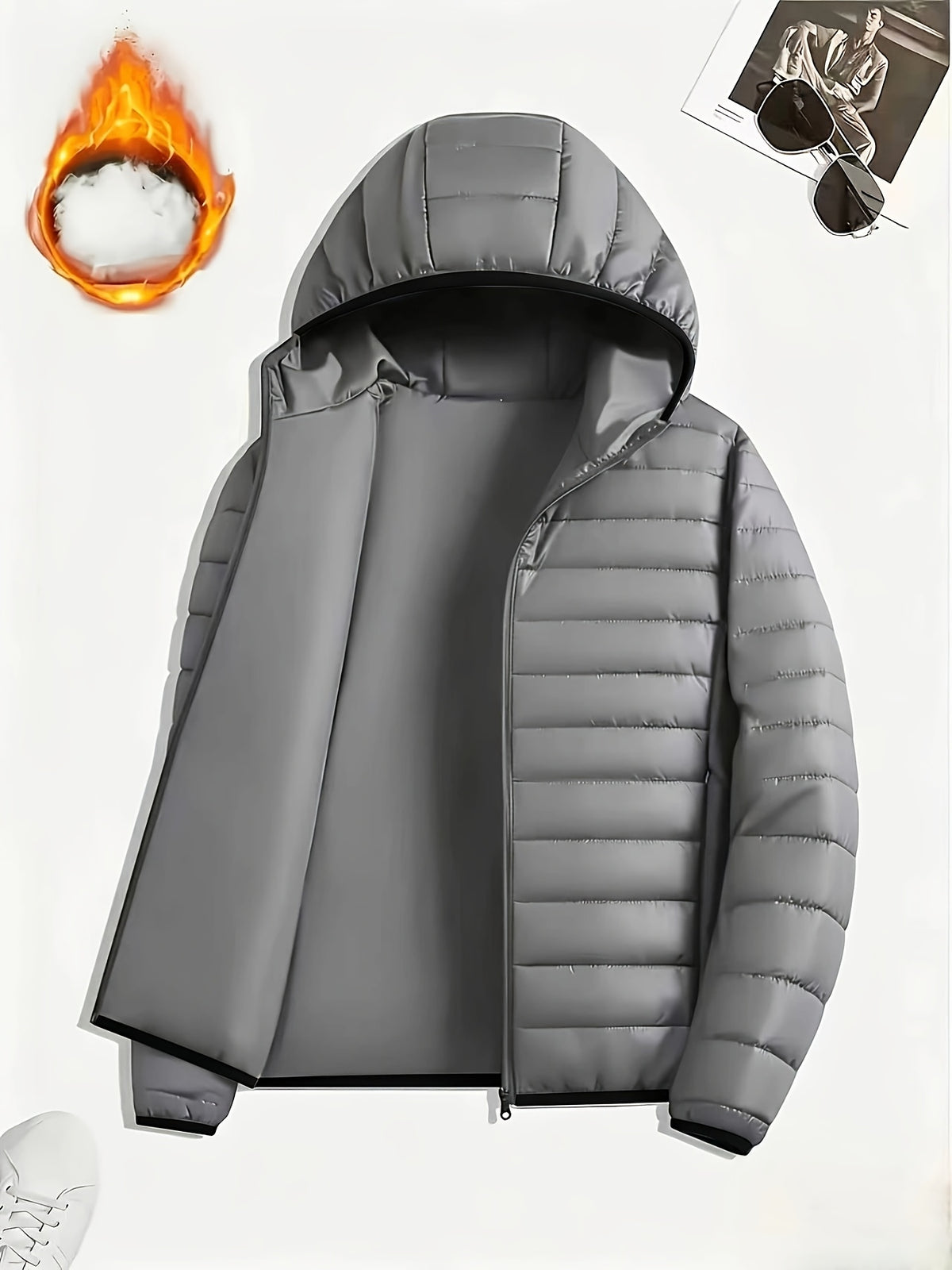 Men's Casual Hooded Padded Coat - Warm Polyester Outerwear