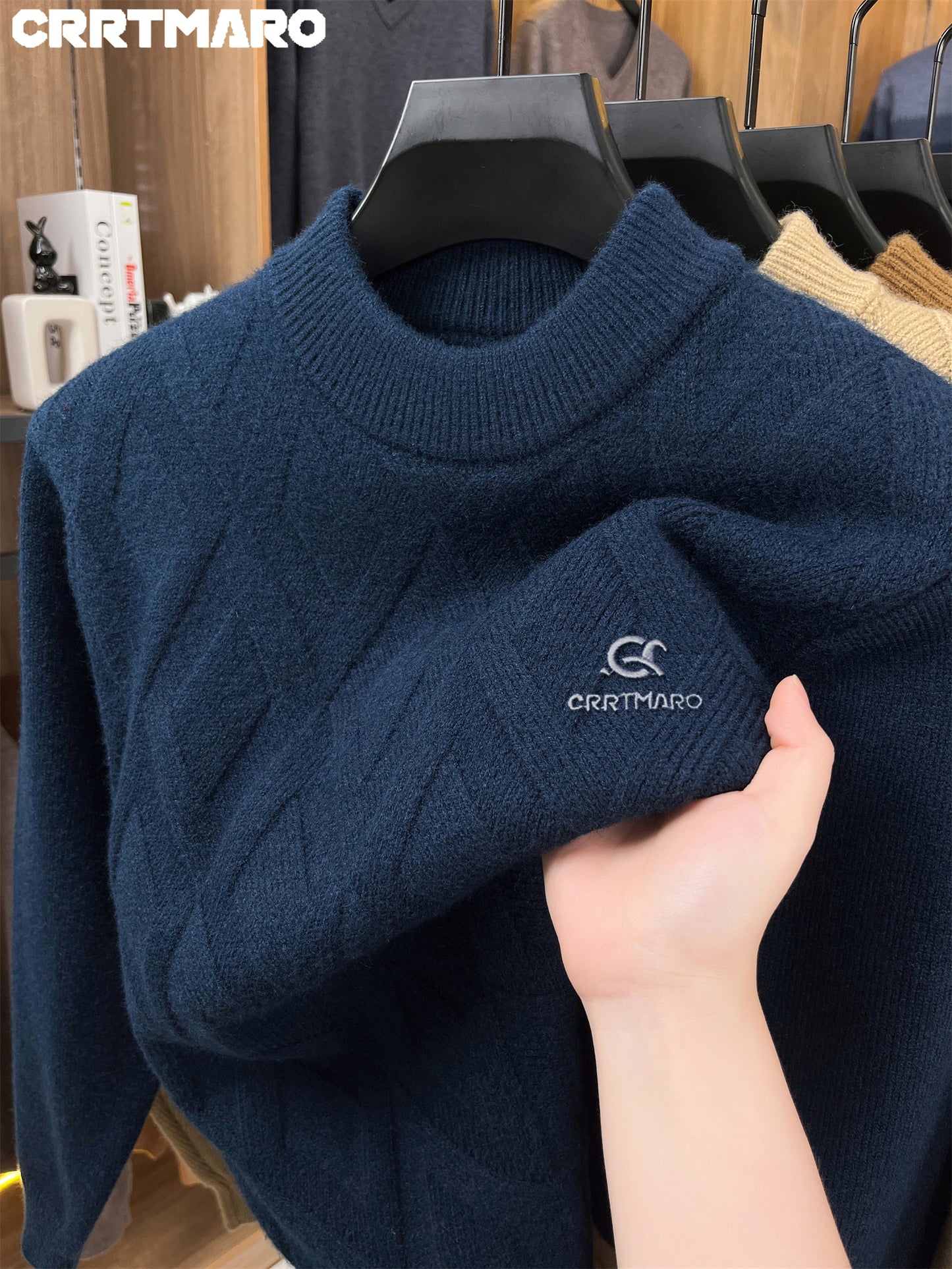 KATMARO ասեղնագործված սվիտեր տղամարդկանց համար, կլոր վզնոցով, տաք աշնանային և ձմռան համար, խիտ բրդյա, կիսաբարձր օձիքով հիմք, Shengyida-ի առօրյա տղամարդու հագուստ