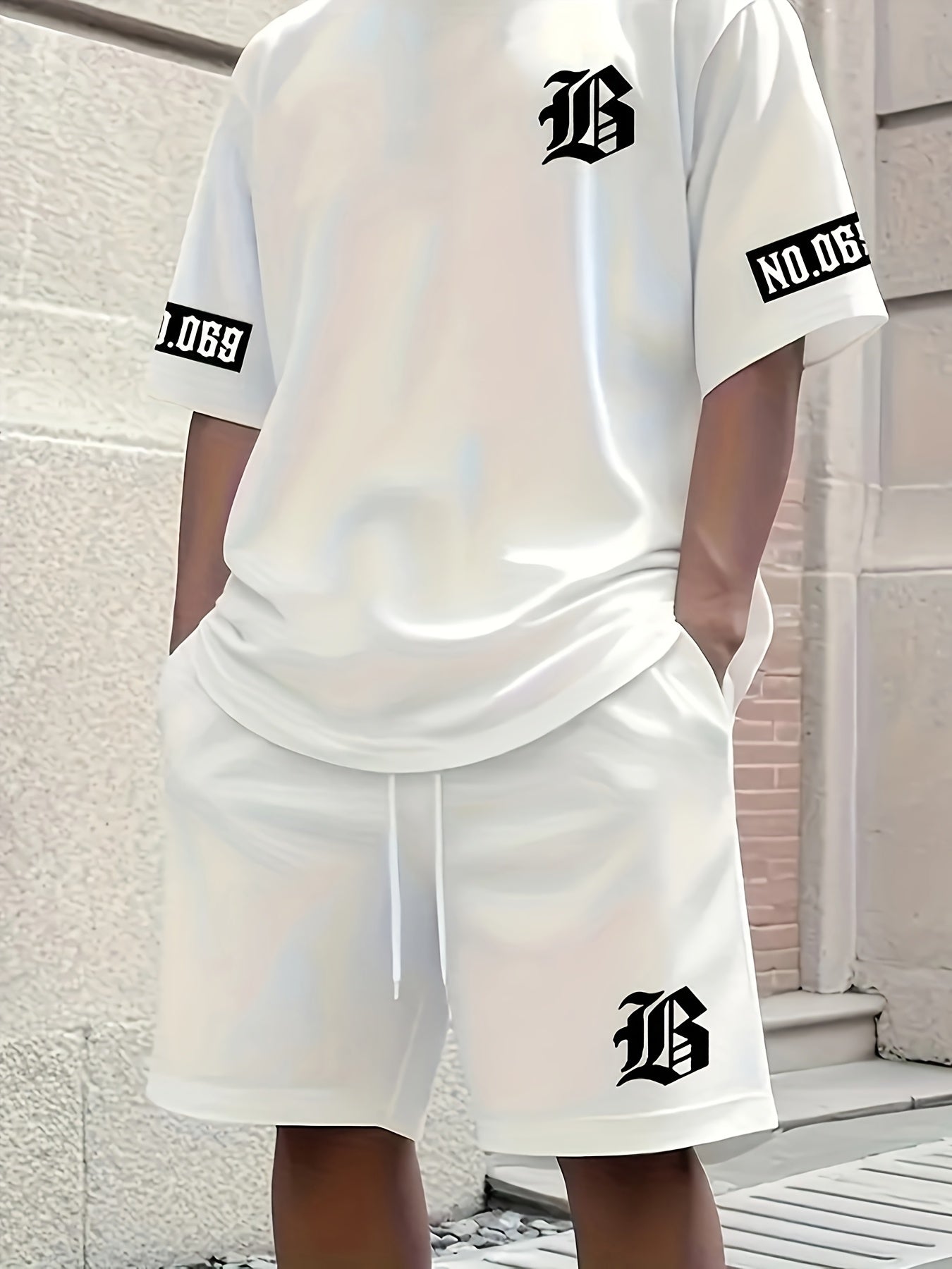 Men's Casual T-Shirt and Shorts Set with Bold "B" Print - Polyester Knit Fabric, Machine Washable, Summer Streetwear, Perfect for Outdoor Activities and Comfortable Leisure Wear