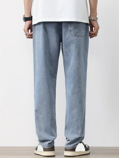 Men's Solid Washed Denim Trousers With Pockets, Causal Drawstring Cotton Blend Barrel Jeans For Outdoor Activities