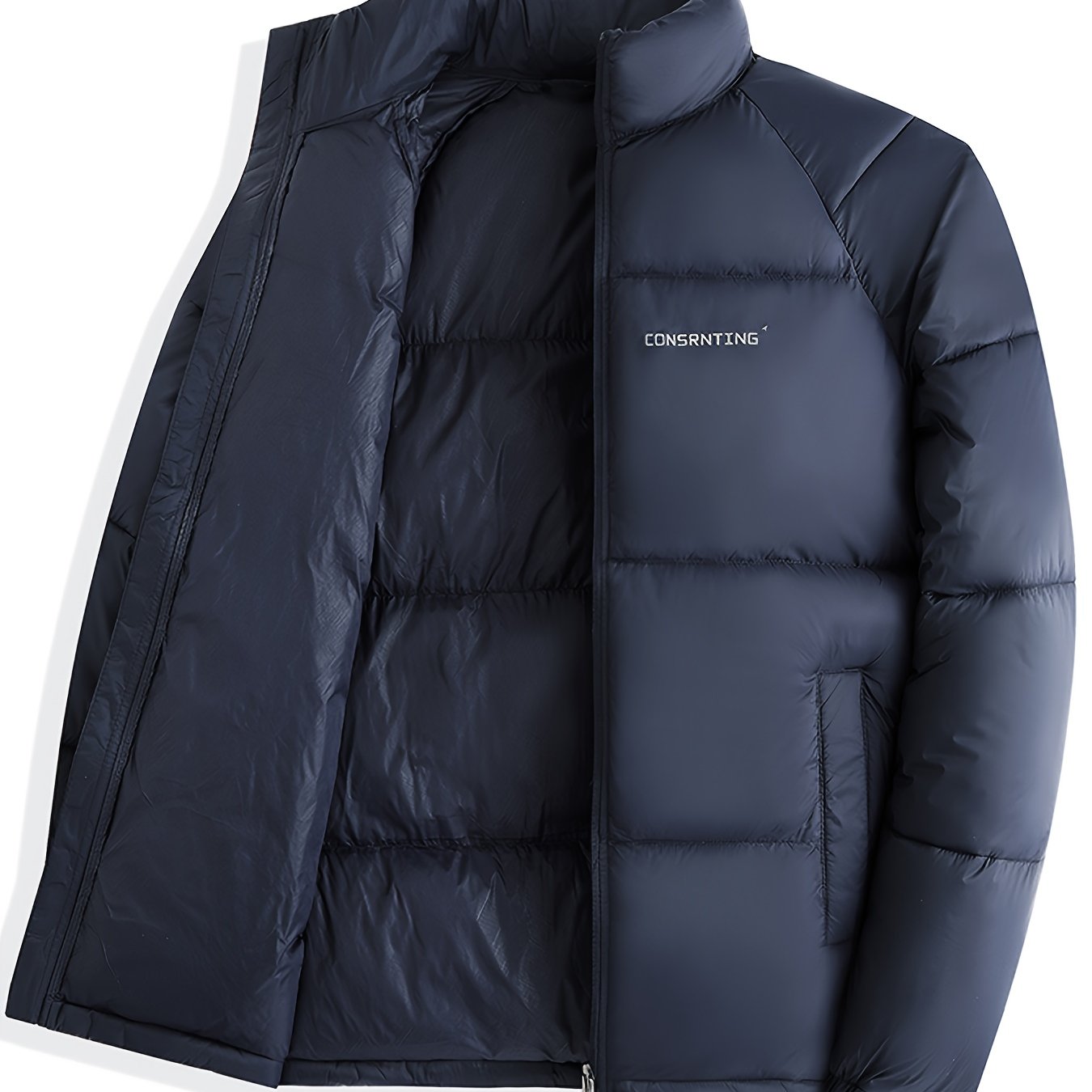 Men'S Winter Warm Jacket - Stylish Black Stand Collar with "CONTRIBUTING" Lettering, Long Sleeve, Zip-Up, Polyester Fleece Lined, Casual Outdoor Sportswear, Winter Jacket, Men, Men'S Business Coat, Men'S Outer Winter, Winter