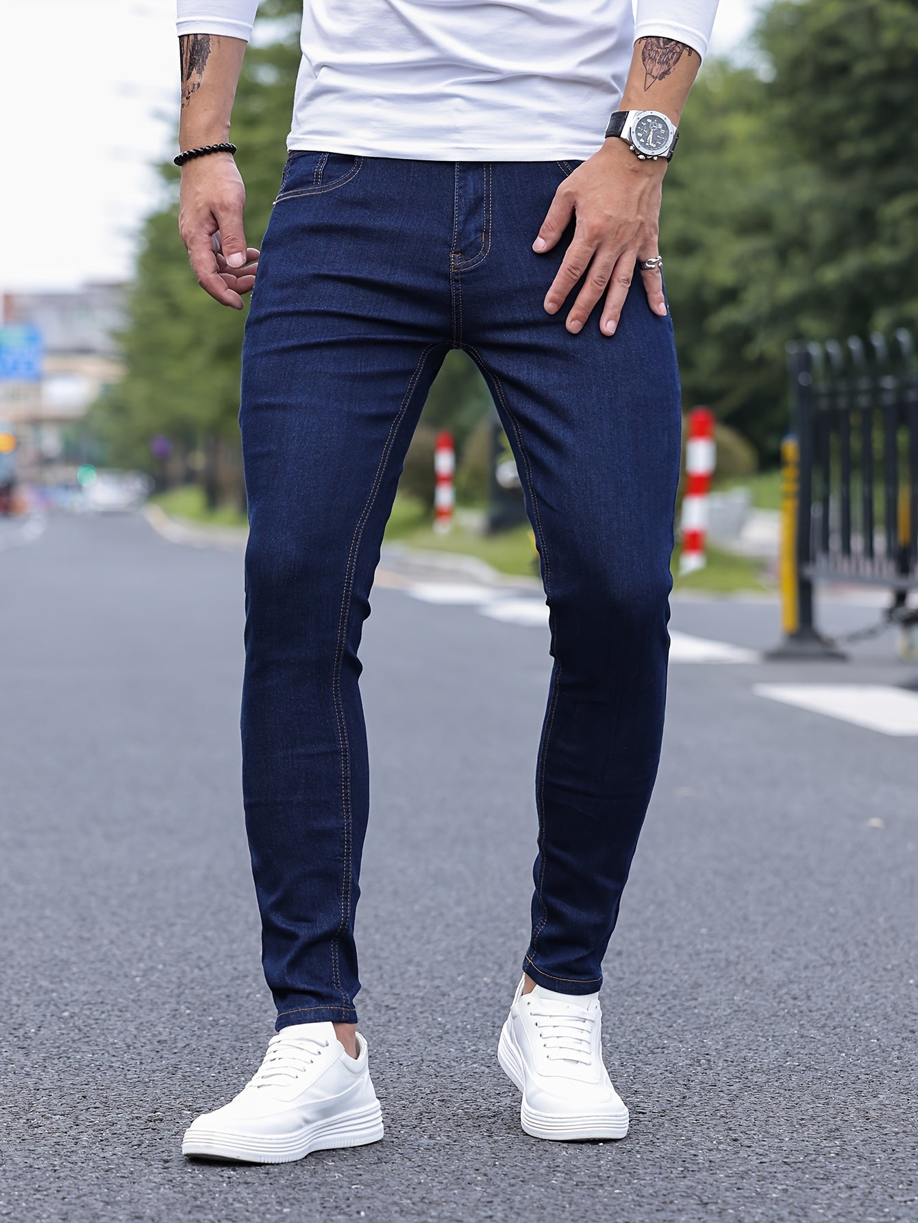 Slim Fit Chic Jeans, Men's Casual Street Style All Match Stretch Denim Pants With Pockets