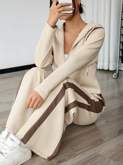Women'S Elegant Two-Piece Set Featuring a Spring Long-Sleeve Zip-Up Top And Straight-Leg Pants, with a Stylish Color-Blocked Design And a Hooded Drawstring