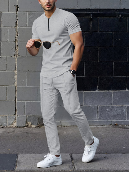 Men's Waffle Knit Zipper Shirt, Rib Collar Short Sleeve T-Shirt, Casual Breathable Summer Top - ayq