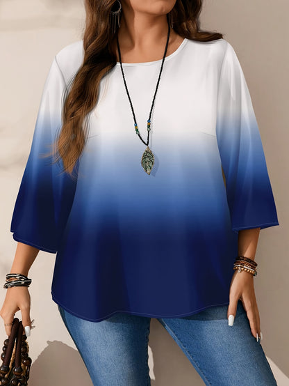 Գրասենյակ պատրաստ է| Elegant Plus Size կանացի գրադիենտ բլուզ - միջին երկարությամբ, երեք քառորդ թևով, կլոր վզով, չձգվող պոլիեսթեր - լվացվող մեքենայով և չոր մաքրվող - կատարյալ գարնան/աշունի համար, պլյուս չափսի բլուզ: