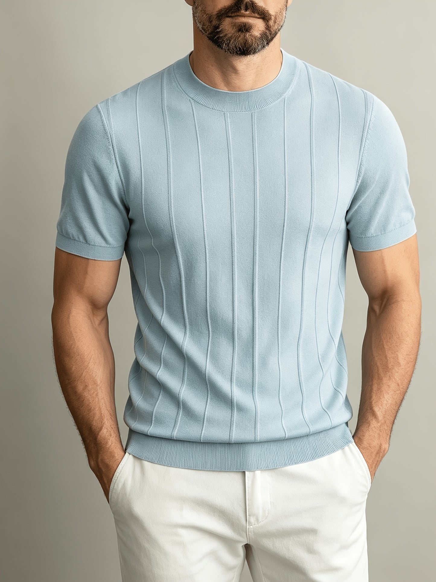 Men's Summer Slim Fit Rib Knit Crew Neck Short Sleeve Top