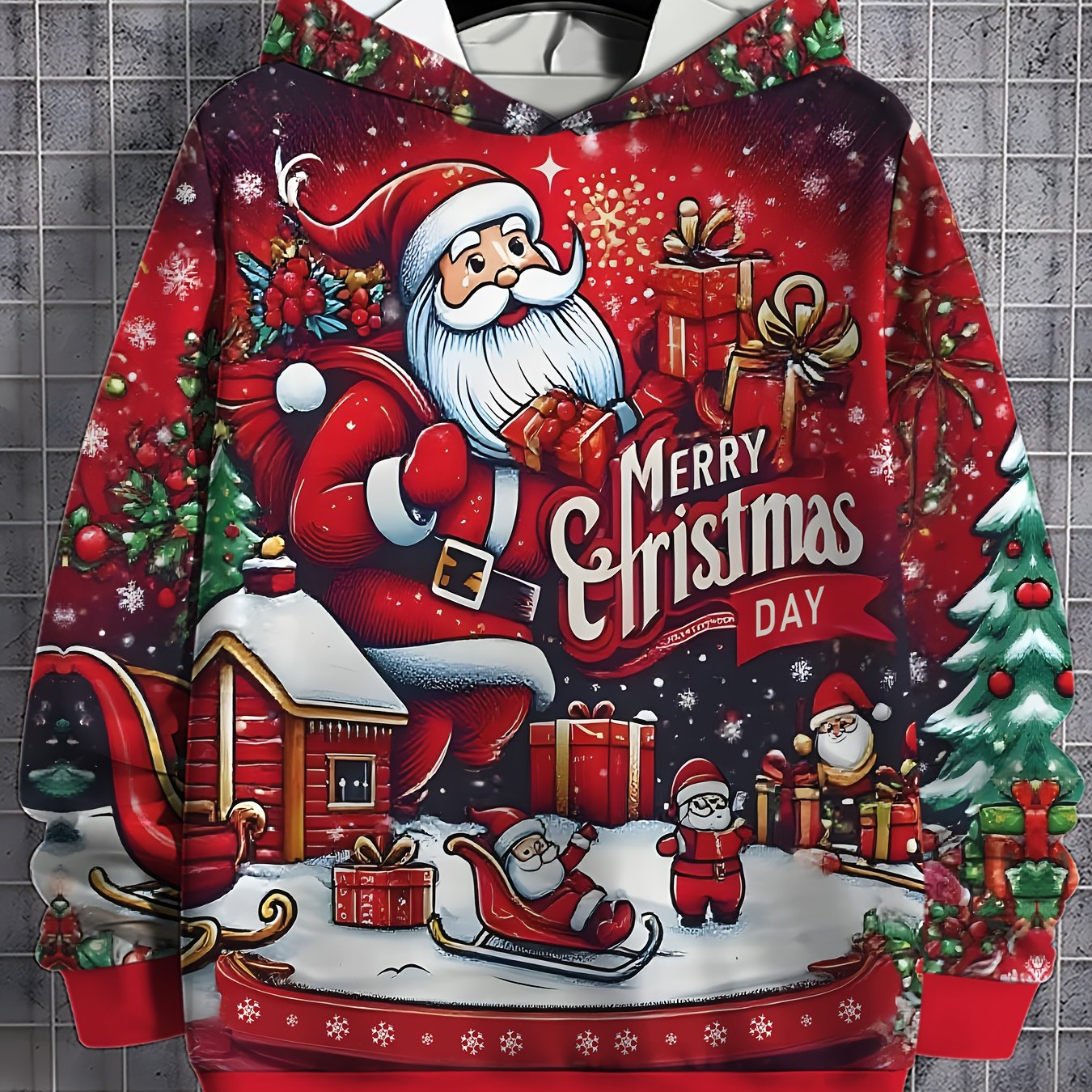 Men'S 3D Digital Print Hoodie - Festive Santa Claus & Christmas Tree Design, Red Casual Pullover with "Merry Christmas" Text, Long Sleeve, Regular Fit, Perfect for Holiday Celebrations, Christmas Hoodie