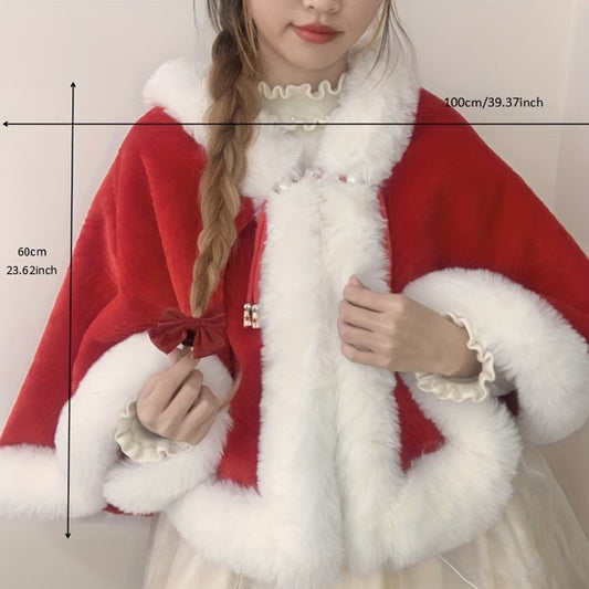 Festive Shawl Wrap with Faux Fur Trim and Pearl Accents - 100% Polyester Christmas Poncho Cape for Party and Wedding, Warm Decorative Inelastic Shawl for Winter, Hand Washable