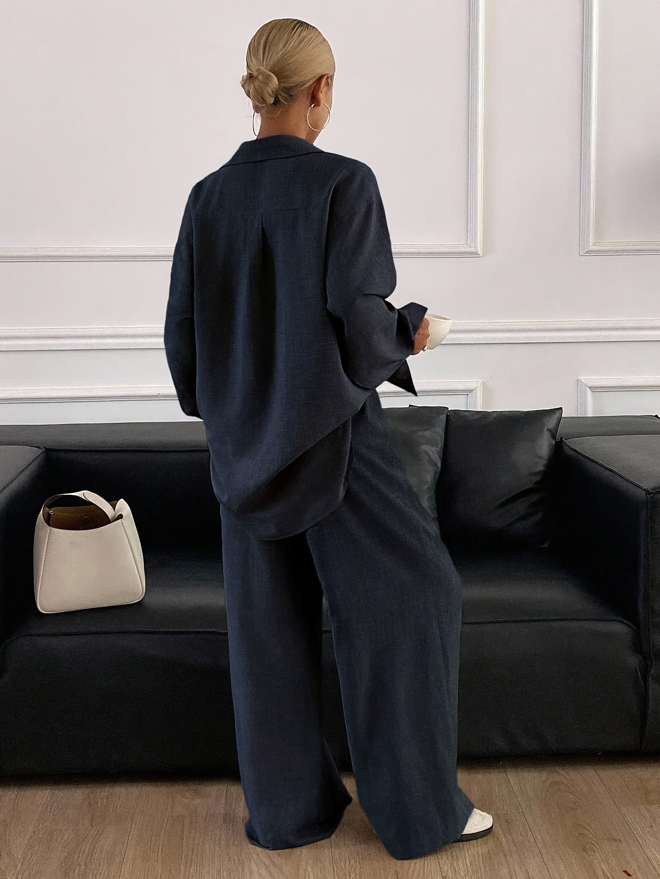 Elegant Women's Loose Two-Piece Set with Solid Polyester Pants