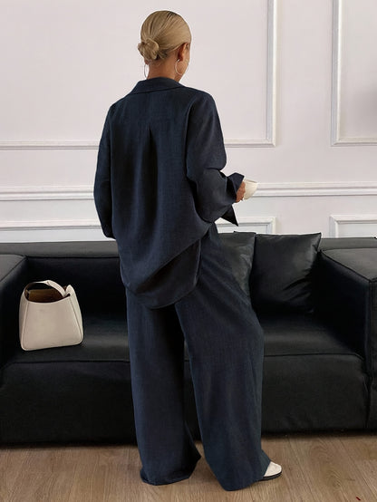 Elegant Women's Loose Two-Piece Set with Solid Polyester Pants