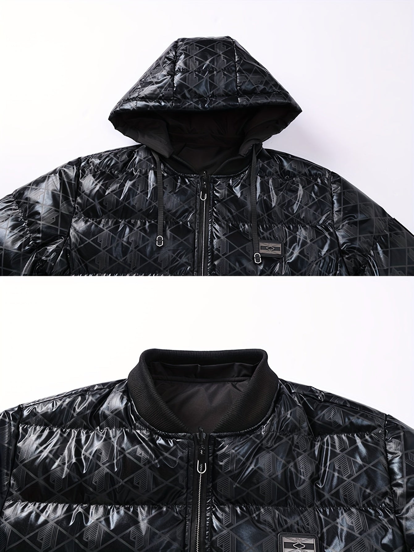 Men'S Stylish Hooded Winter Jacket - Thickened, Warm, and Trendy with Geometric Pattern, Black with Orange Accents, Polyester Filler, Perfect for Cold Weather, Winter Jacket Hooded