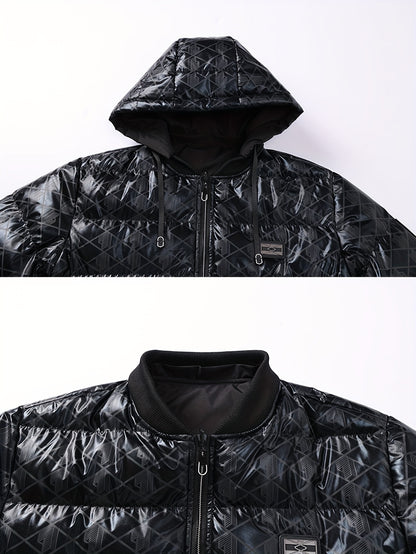 Men'S Stylish Hooded Winter Jacket - Thickened, Warm, and Trendy with Geometric Pattern, Black with Orange Accents, Polyester Filler, Perfect for Cold Weather, Winter Jacket Hooded