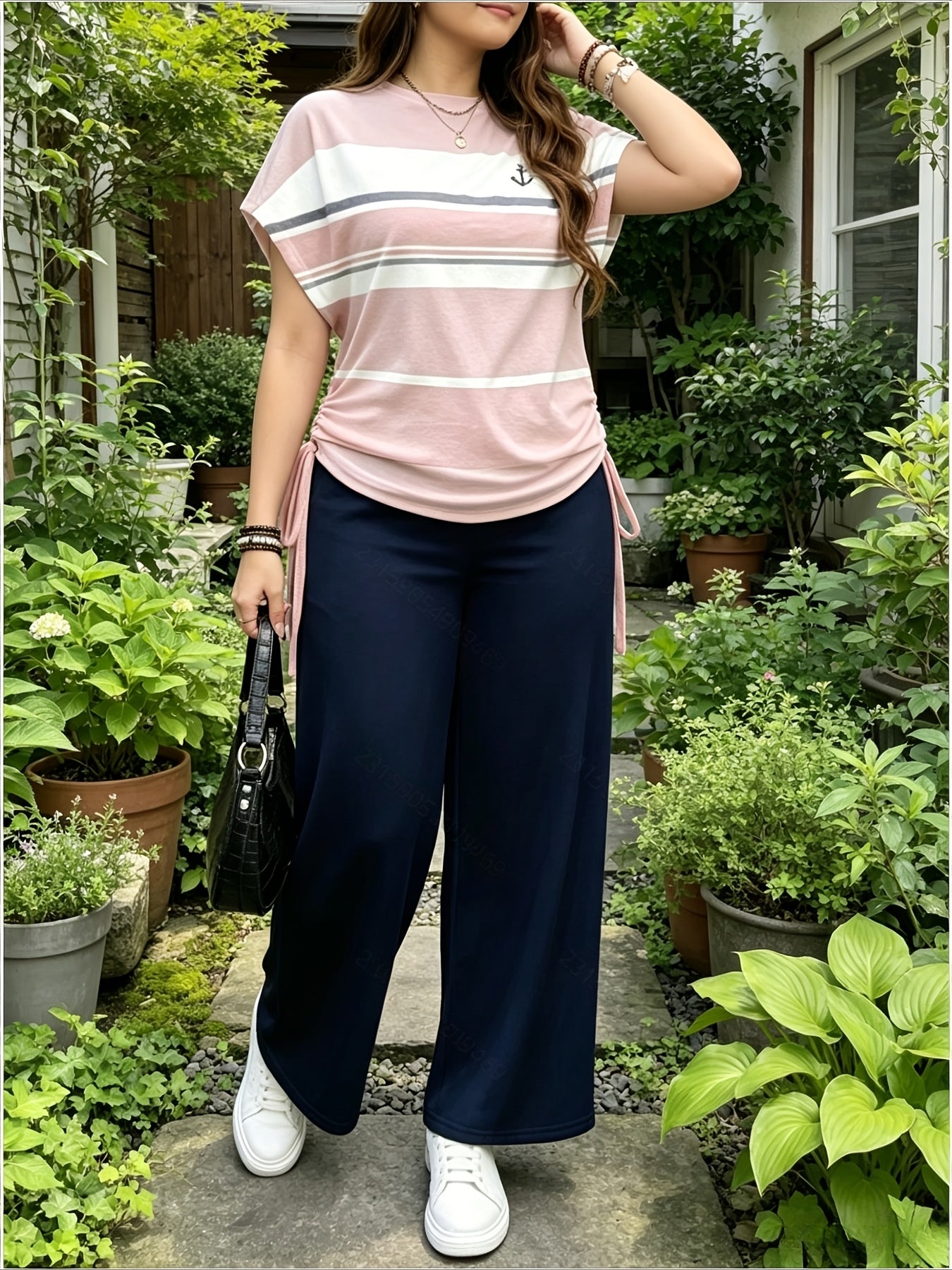 Women's Casual Two-Piece Set with Striped Bow Drawstring