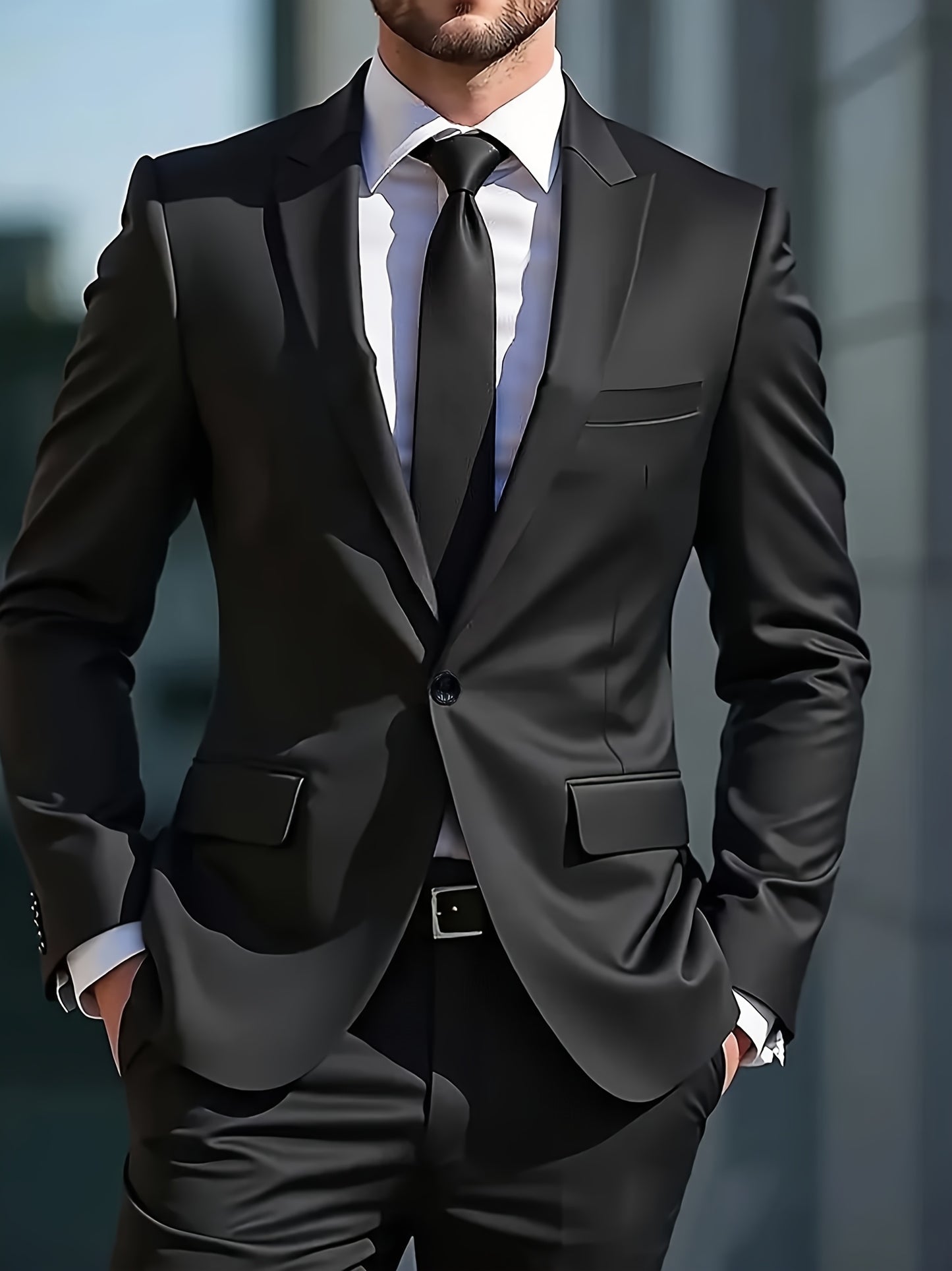Men's 2-Piece Polyester Suit with Lapel Collar for Spring/Fall