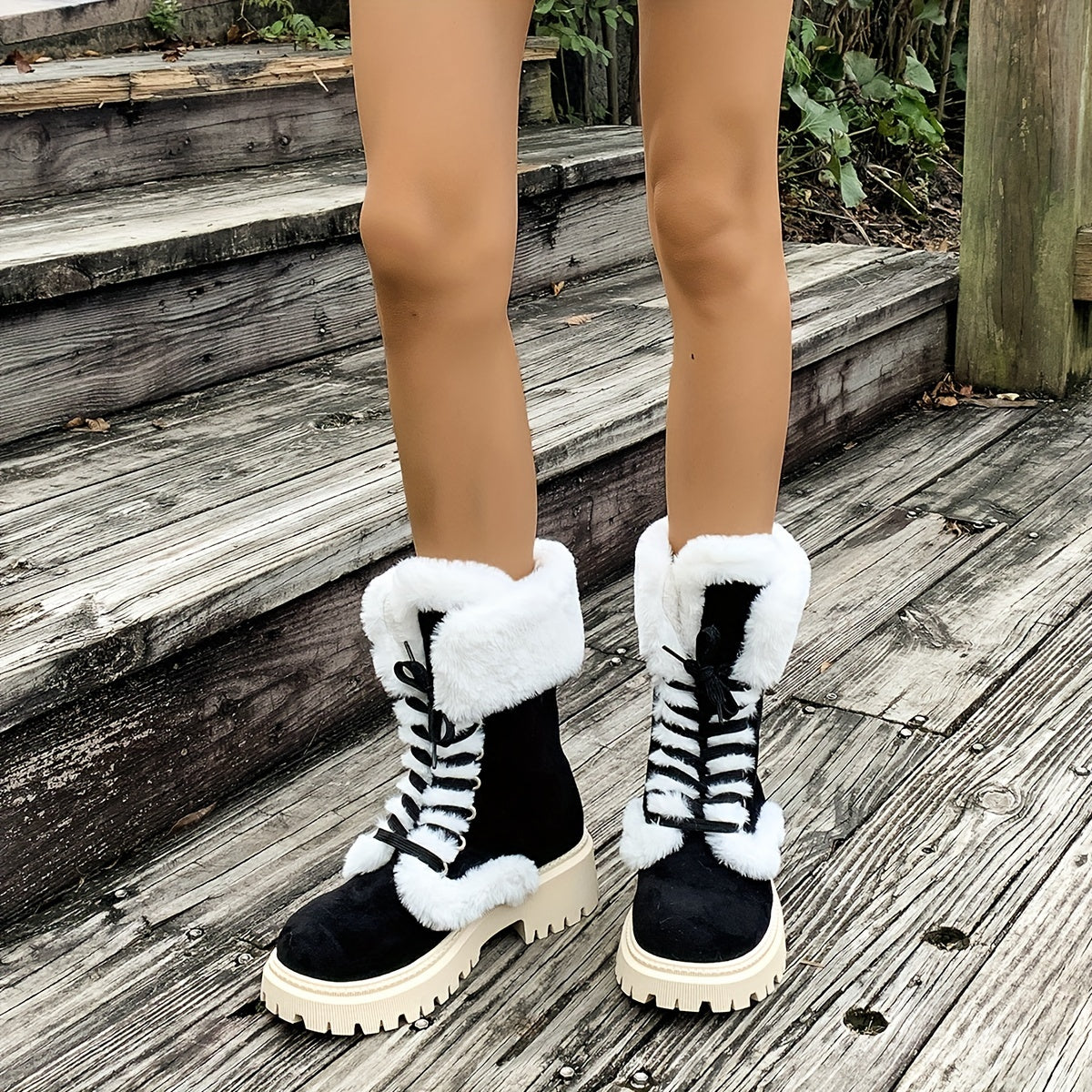 Կանացի հարմարավետ, բրդյա երեսպատված ձմեռային կոշիկներ - Կիսաճաճանճ, կապերով, հաստ արհեստական մորթով, կլոր քթով և հաստ կրունկով, շագանակագույն կամ սև, իդեալական ցուրտ եղանակի համար, ձմեռային կոշիկներ