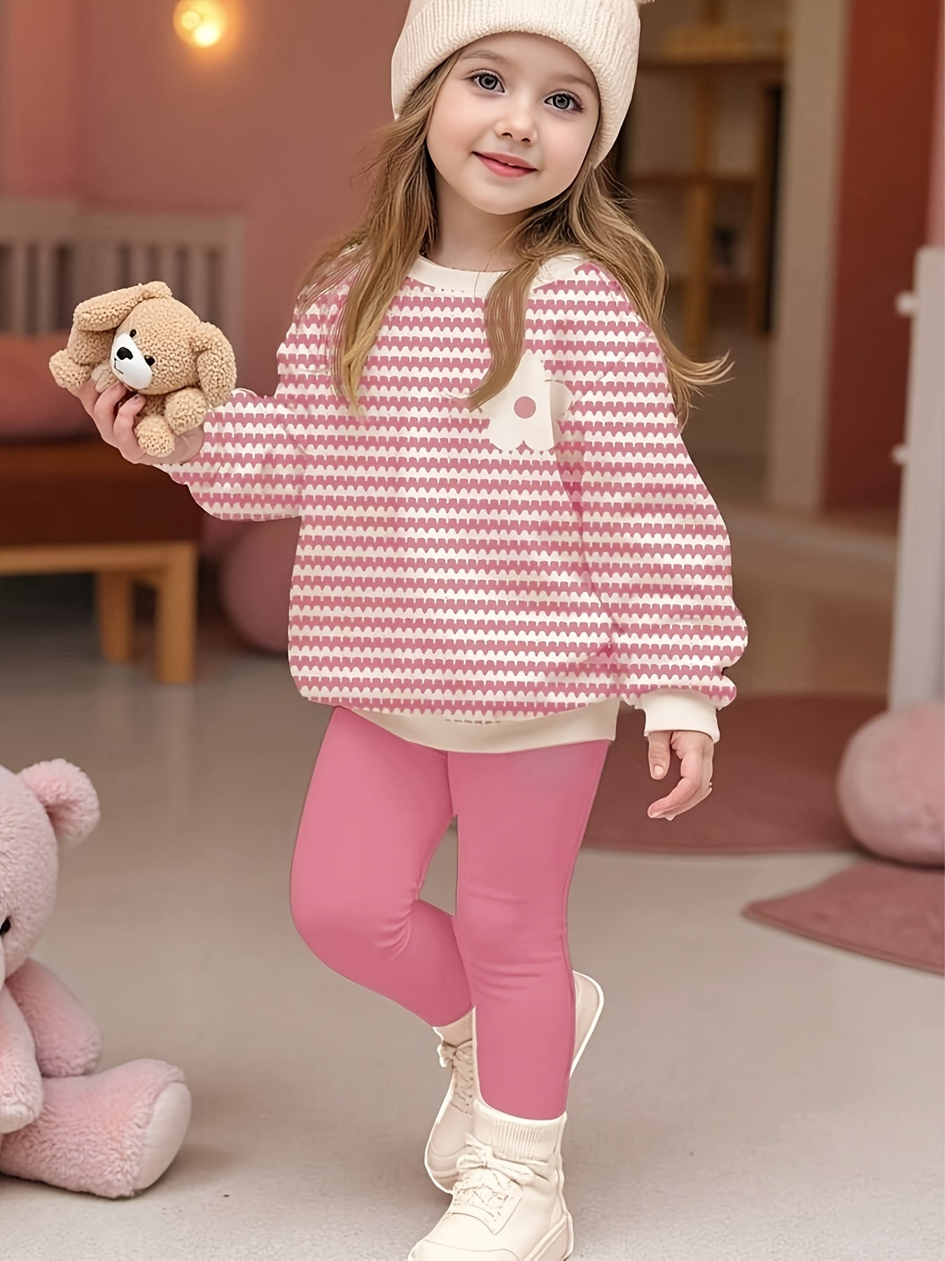Girls' 2-Piece Floral Stripe Sweatshirt & Leggings Set