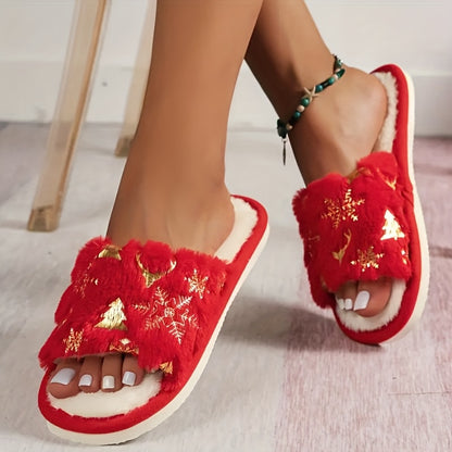 Կանացի ձմեռային փափուկ կոշիկներ ոսկեգույն ձյան փաթիլով և կարմիր ծառի նախշերով - փափուկ, տաք տնային կոշիկներ փափուկ աստառով, հարմարավետ ձմեռային կոշիկներ Սուրբ Ծննդյան համար, տոնական նվերներ, Սուրբ Ծննդյան կոշիկներ, տոնական կոշիկներ, սեզոնային