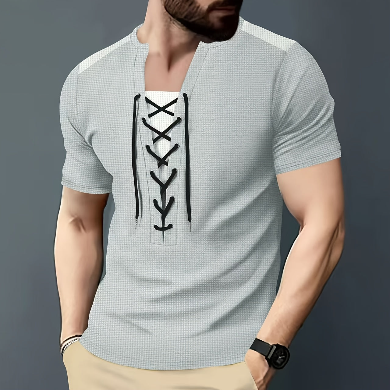 Men'S Casual Waffle Knit Short Sleeve T-Shirt with Drawstring Detail - Maroon  Black, Round Neck, Breathable Polyester Fabric for Summer Outings, Casual Weekend Wear   Round Neck Tee   Stylish Contrast Stitchin