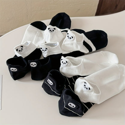Women's Cotton Ankle-Length Socks 5-Pair Set with Panda Embroidery, Breathable Moisture-Wicking Knit, Anti-Odor, Seamless Toe, Stretch Spandex Blend - Size 200 Needle Count